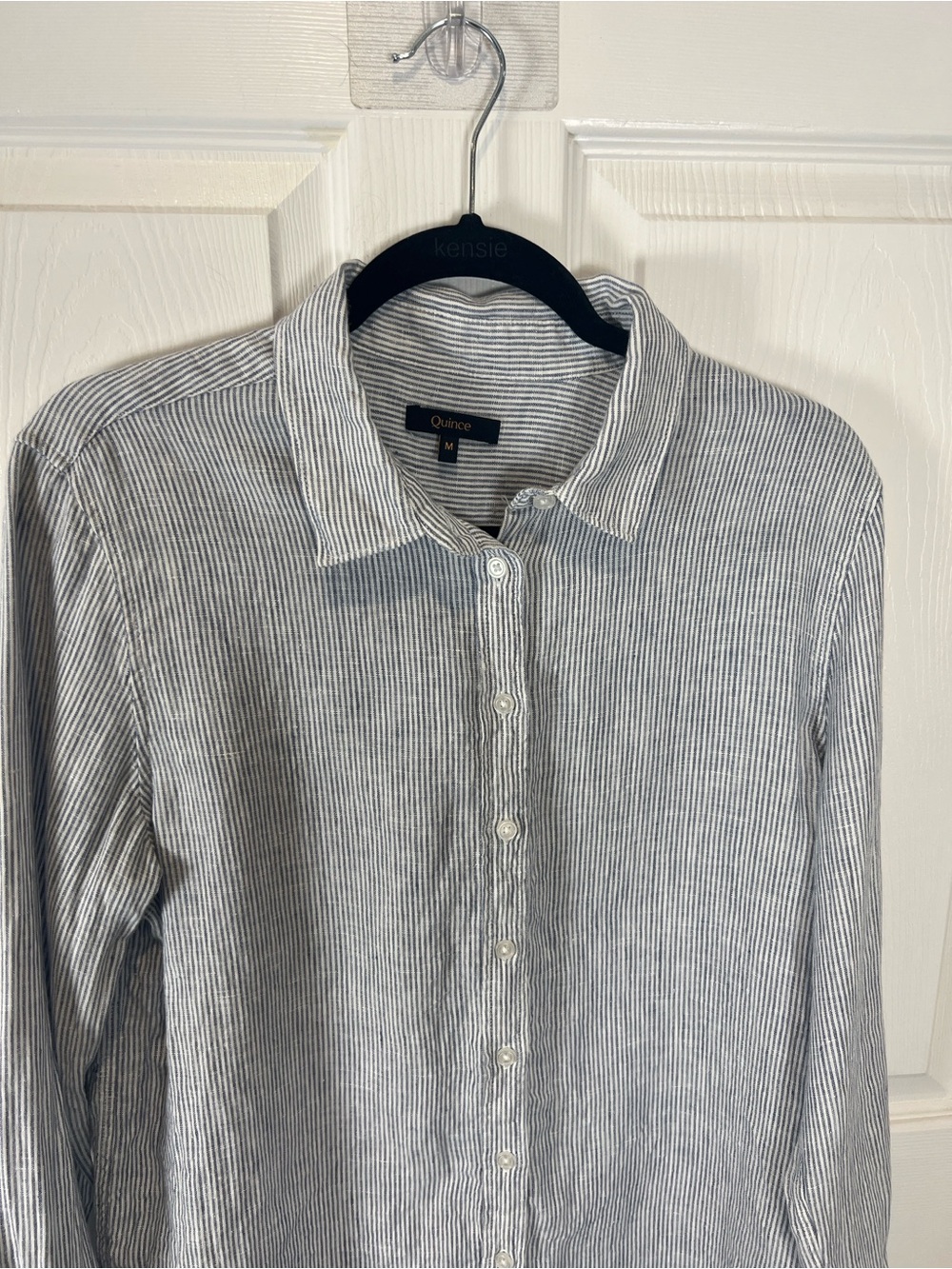 Quince European Linen long sleeve blue pinstripe button down top med - Picture 3 of 7